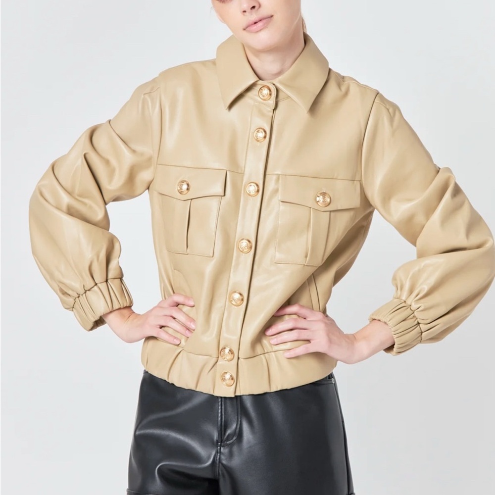 Endless Rose Tan and Gold Leather Jacket with Balloon Sleeves